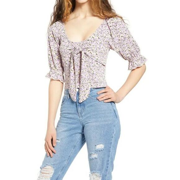 Vero Moda Tops - Vero Moda Women Purple Floral Jersey Kimmie Puff Sleeves Tie Front Top Size S